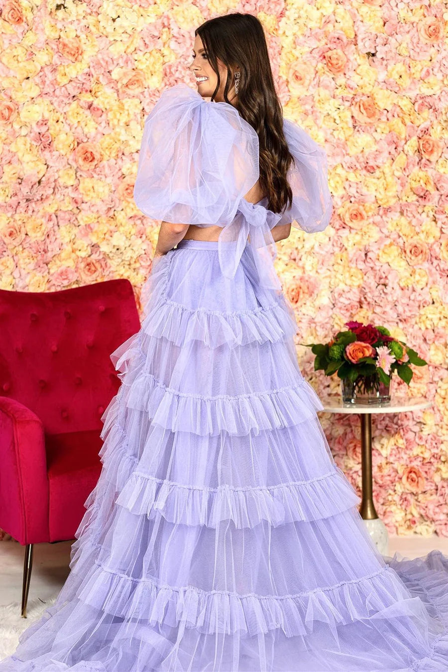 Vestido de fiesta de tul de dos piezas con corte en A y mangas abullonadas